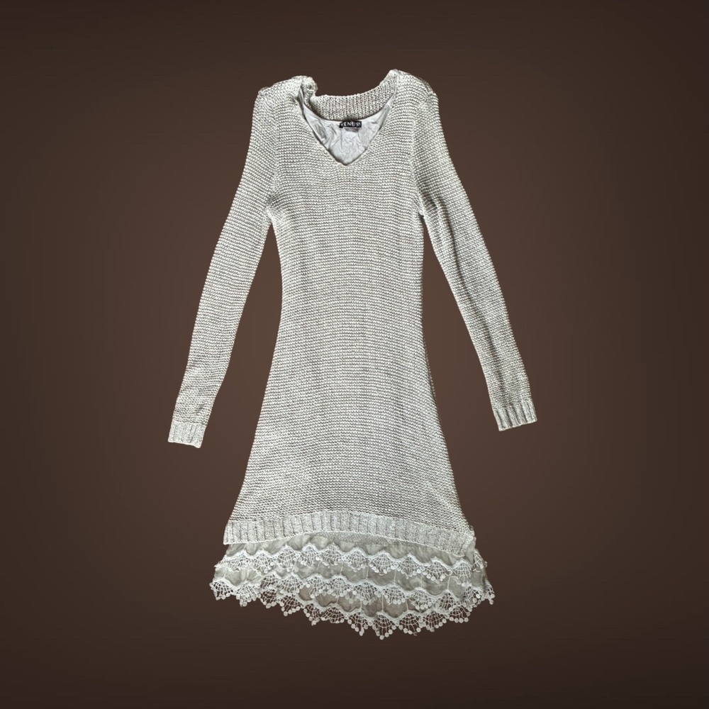 Women's Venus Grey, Long-Sleeve Sweater Dress, Lace Trim, Size Small